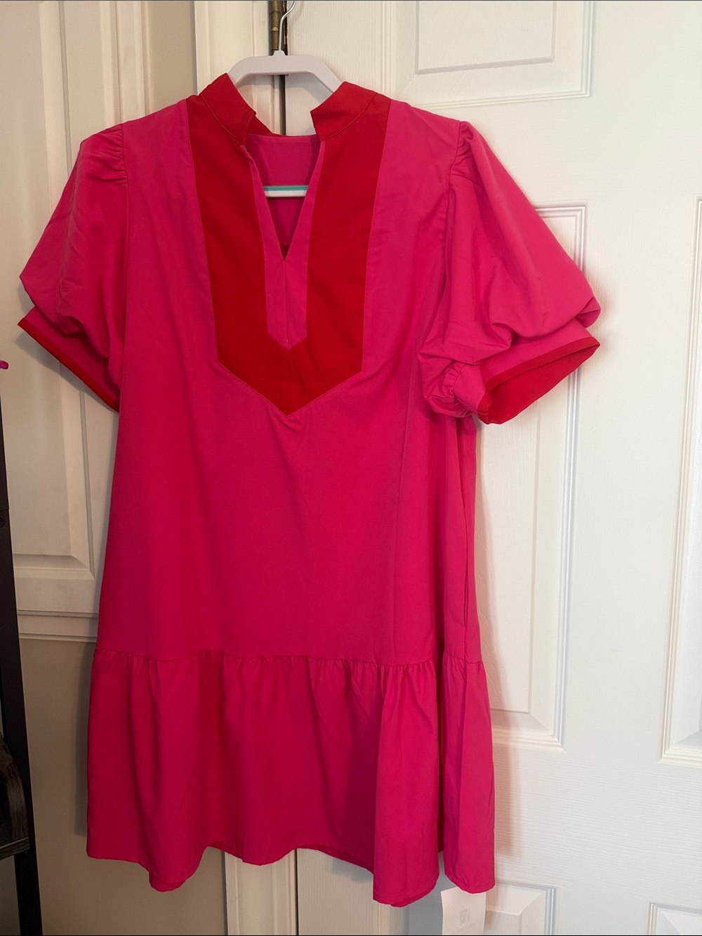 Imily Bela Rose Red Short Sleeve Tunic Dress with Contrast V-Neck Sz med